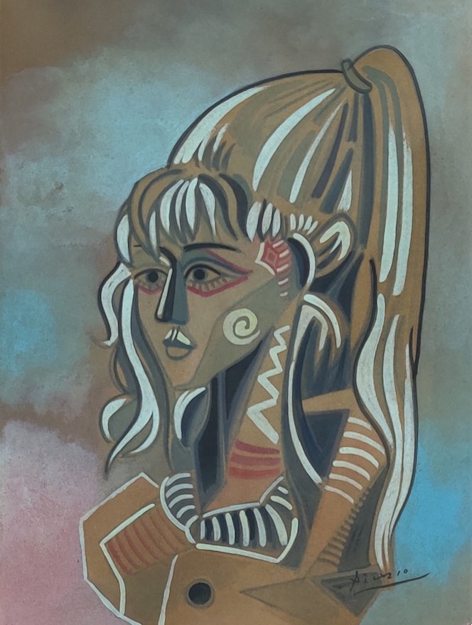Pablo Picasso,In the style of. - He was a Spanish: Pablo Picasso,In the style of. - He was a Spanish painter, sculptor, printmaker, ceramicist and theatre designer who spent most of his adult life in France. - Water color on paper - size:12.25"h x 9"w