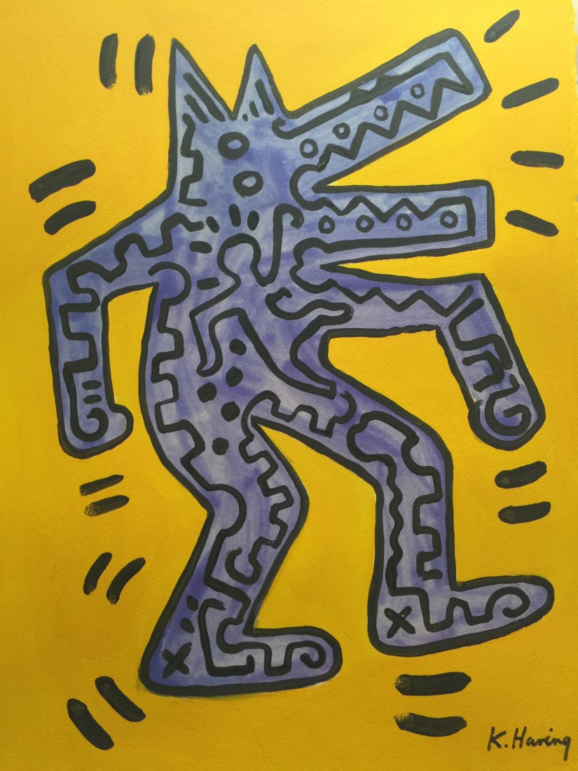 Keith Haring-Water Color on cardboard (attrib.-COA): Keith Haring-Water Color on cardboard (attrib.-COA)-Size:30"h X 22.5"w