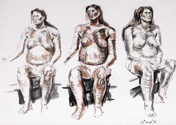 John Behan RHA (b.1932): THREE STUDIES OF A SEATED NUDE, 1971, pen and ink over pencil with wash, signed and dated (17 March 1971) lower right, 56 by 79cm., 22 by 31in. Exhibited: Possibly exhibited as Three Studies - Pregnan