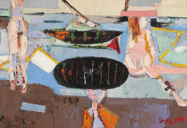 Peter Sheldon Williams "A. Oscar" (b.1919): BOATS AT COLLIOURE, oil on board, signed lower right; typed label on reverse, 38 by 56cm., 15 by 22in. Note:Born in Cork, Peter Sheldon Williams studied at the Central School of Arts and Crafts in Lon