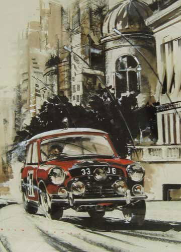 Dion Pears (British, 20th century): PADDY HOPKIRK WINNING 1964 MONTE CARLO RALLY IN A 33EJB MINI COOPER, gouache, watercolour and crayon on paper, signed lower left; remains of exhibition label on reverse, 44 by 33cm., 17.5 by 13in. Not