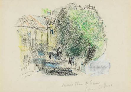 Patrick Collins HRHA (1910-1994): VILLAGE, PLAN DE GRASSE, crayon, signed and inscribed lower right; exhibition label on reverse, 20 by 27cm., 8 by 10.5in. Provenance: Hendricks Gallery, Dublin; Whence purchased by present owner, Janu