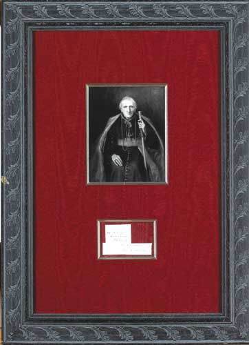 Cardinal John Henry Newman, (1801-1890): Cardinal John Henry Newman, Founder of the Catholic University, Dublin (1801-1890) AUTOGRAPH DATED 1877 FRAMED WITH PORTRAIT, clipped autograph manuscript, framed, signed "John H. Newman", 8 by 5cm.,