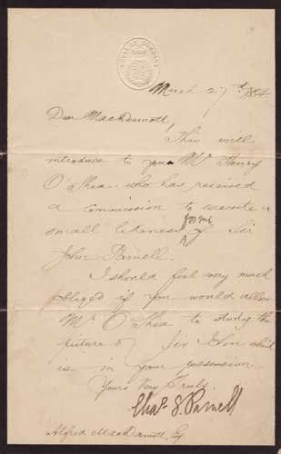 Charles Stuart Parnell (1846-1891): Charles Stuart Parnell (1846-1891) 1884 AUTOGRAPHED LETTER, autograph manuscript letter, single sheet folded, signed "Chas. S. Parnell", 18 by 11cm., 7 by 4.5in. 1884 (27 March) on House of Commons mo