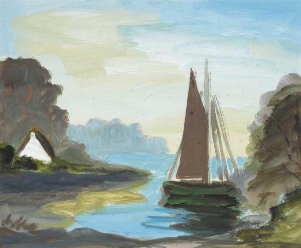 Markey Robinson (1918-1999): BOAT IN A LOUGH oil and gouache on board signed lower left 23 by 29cm., 9.25 by 11.2 5in.