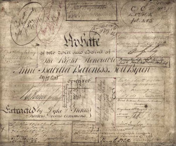 1860.The Will of Baroness Byron, widow of the Poet: 1860. Probate of The Will and Codicil of Anne Isabella, Baroness Noel Byron, widow of the Poet, George Gordon Byron (1788-1824). manuscript, 8pp Vellum 64 by 74cm., 25 by 29in. Anne Isabella Millbanke