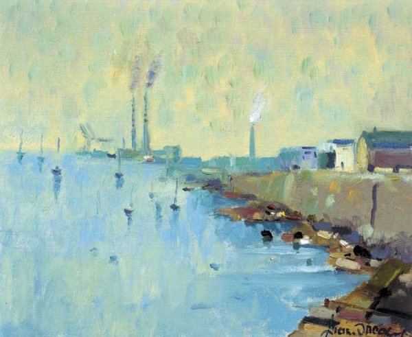 Liam Treacy (1934-2004): TOWARDS POOLBEG, 1982 oil on board signed lower right; with artist's own inscribed studio label on reverse. contact details, including his then address in Arklow, County Wicklow. 29 by 34cm., 11.2 5 b