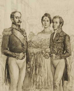 Russian School (c.1930): Pushkin and Tatyana at The Ball charcoal signed indistinctly lower centre and dated 1932 76 by 64cm., 30 by 25in.