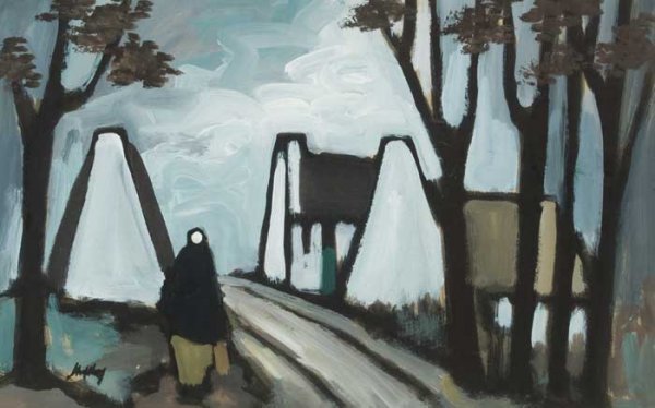 Markey Robinson (1918-1999): VILLAGE AND SHAWLIE gouache on board signed lower left; with New Apollo Gallery label on reverse 51 by 74cm., 20 by 29in. Provenance: New Apollo Gallery, Dublin; Private collection