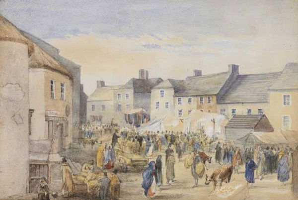 William Frederick Wakeman (1822-1900): THE MARKET PLACE, NAVAN watercolour over pencil heightened with white with original printed label preserved on reverse; also with Combridge Fine Arts, Dublin label on reverse 18 by 25cm., 7 by 10in. P