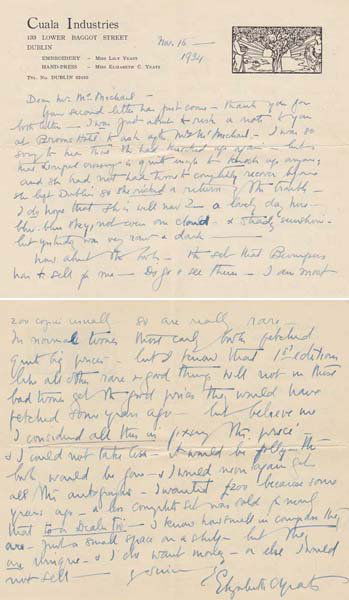 Elizabeth "Lolly" Yeats handwritten letter: Elizabeth "Lolly" Yeats handwritten letter Sister of Jack and William Butler Yeats. manuscript on Cuala Industries notepaper18 by 20cm., 7 by 8in.Lengthy letter to Mr McMichael at Browns Hotel, London