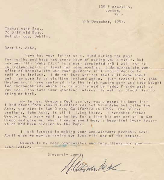 1954 (9 December) letter from Gregory Peck: 1954 (9 December) letter from Gregory Peck A letter to Thomas Ashe. typescript, ms signature25 by 20cm., 10 by 8in.Interesting content referring to his film "Moby Dick" and his purchase with John Hust