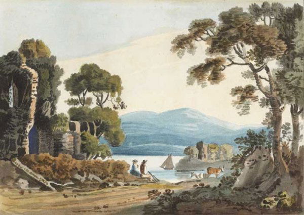 John Henry Campbell (1757-1828): ROSS CASTLE, LOUGH LEANE, KILLARNEY, COUNTY KERRYwatercolour with gouachewith inscribed label on reverse18 by 25cm., 7 by 9.75in.Provenance:The Arches Art Gallery, Belfast; Private collectionJohn Henr