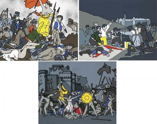Robert Ballagh (b.1943): LIBERTY AT THE BARRICADES AFTER DELACROIX, THE THIRD OF MAY AFTER GOYA and THE RAPE OF THE SABINES AFTER DAVID, 1973 (SET OF THREE)silk screen print (artist's proof)second and third title signed and d
