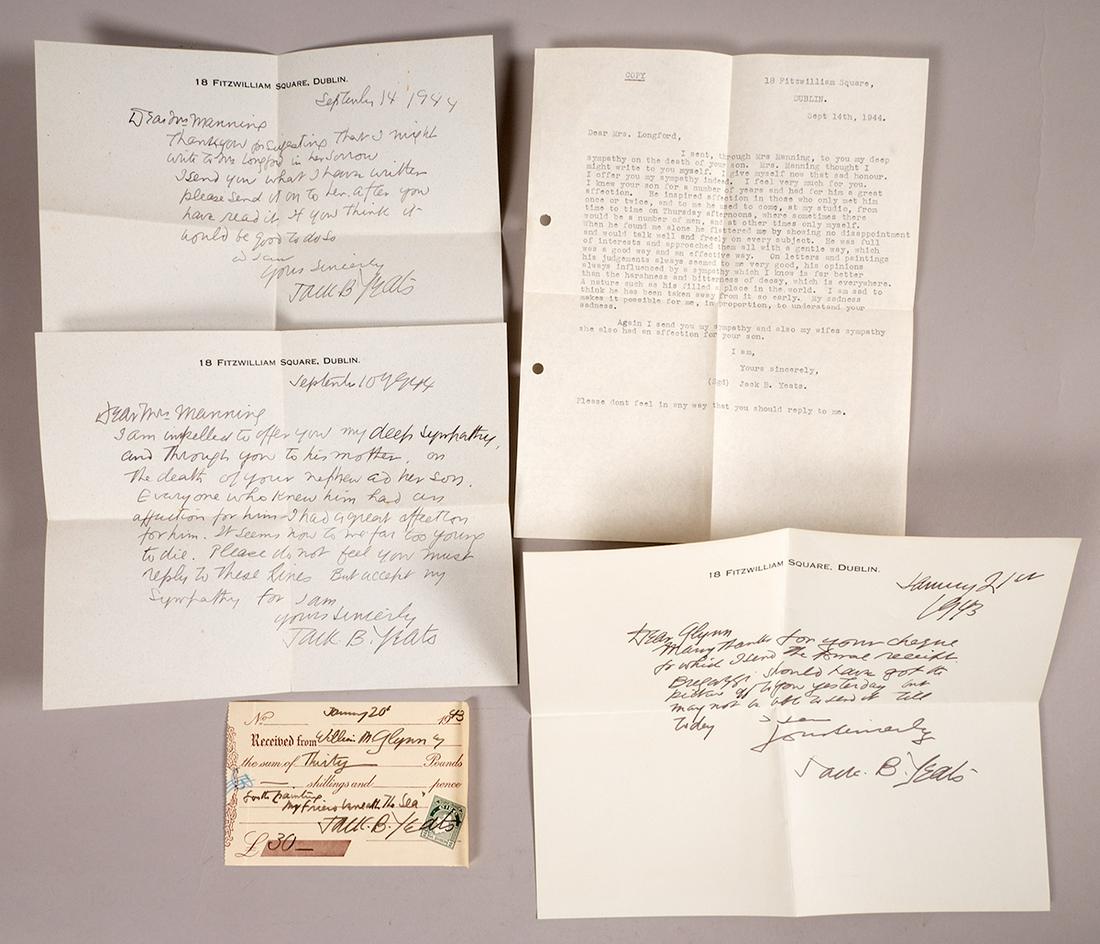 Jack Butler Yeats RHA (1871-1957): Title: CORRESPONDENCE Note: Includes a receipt and letter of thanks from Jack Yeats for the sale of a painting. Also a letter of condolence from Yeats' to a Mrs. Longford dated 1944. Condition Folded.