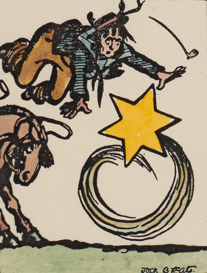 Jack Butler Yeats RHA (1871-1957): Title: THE BOSUN AND THE BOB-TAILED COMET and PIRATE AND MANDOLIN (A PAIR) Frame dimensions: 9.5 by 7.5in. (24.1 by 19.1cm) Size 3.75 by 3in. (9.5 by 7.6cm) Medium hand-coloured Cuala Pres