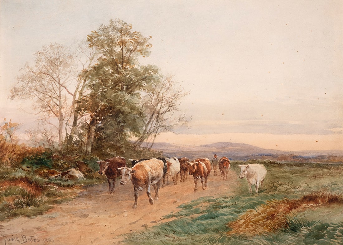 David Bates (British, 1840-1921): Title: GOING HOME, AMBLESIDE, CUMBRIA, 1909 Frame dimensions: 20 by 23.5in. (50.8 by 59.7cm) Size 10.50 by 14.50in. (26.7 by 36.8cm) Medium watercolour Signature signed an