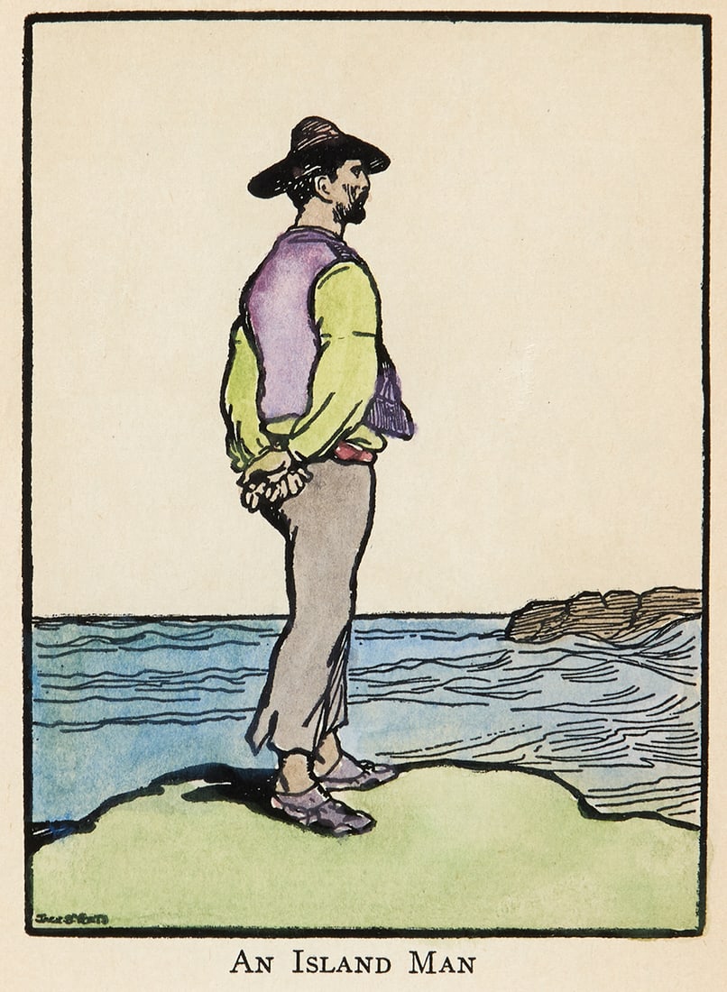 Jack Butler Yeats RHA (1871-1957): Title: AN ISLAND MAN Frame dimensions: 12.5 by 10.5in. (31.8 by 26.7cm) Size 4.25 by 3in. (10.8 by 7.6cm) Condition Excellent condition. Medium hand-coloured Cuala press p