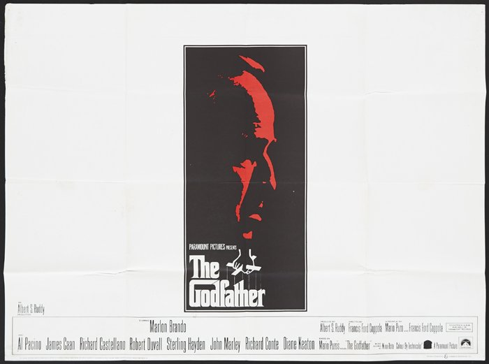 The Godfather: 1972. Starring Marlon Brando, Al Pacino, Robert Duvall and Diane Keaton etc. UK ''X'' rating blacked out in ink.30 by 40in., 75 by 100cm.