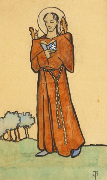 Jack Butler Yeats RHA (1871-1957): SAINT COLUMBANUS, c.1903 gouache on card signed in monogram lower right; with title inscribed on card preserved on reverse; with David Hendriks Gallery framing label on reverse Provenance: Miss Lily Y