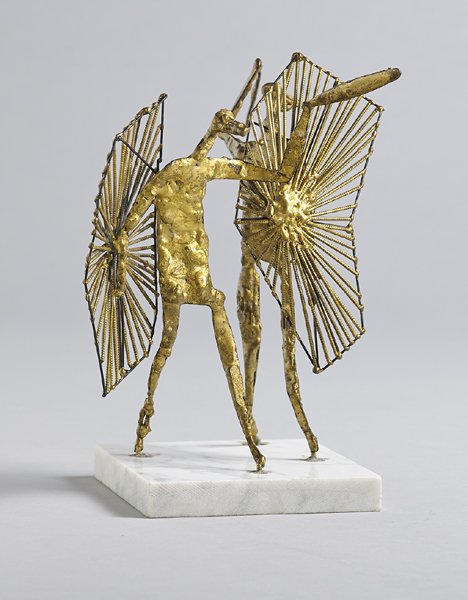 John Behan RHA (b.1938): FERDIA AND CÚCHULAINN gold coloured bronze on white marble base Depth: 9 ins. 11 by 11in., 27.5 by 27.5cm.