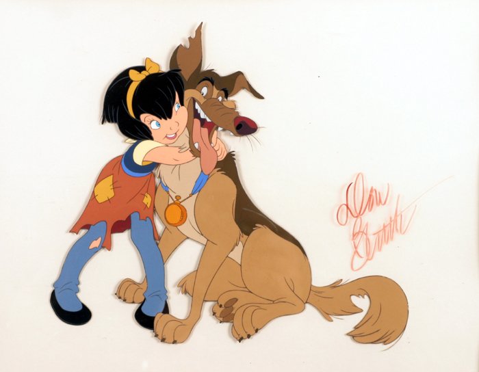 Don Bluth. All Dogs Go To Heaven", signed animation: An animation cel of Anne-Marie (voiced by Judith Barsi) embracing Charlie B. Barkin (voiced by Burt Reynolds), signed in red felt-tip pen by Don Bluth, framed. Together with a similar, framed animatio