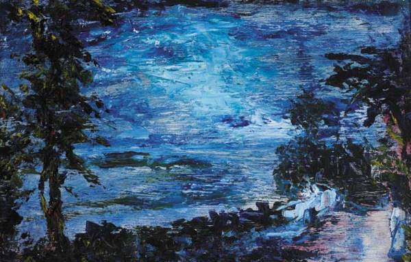 Jack Butler Yeats RHA (1871-1957): NIGHT, GLENGARRIFF, 1944 NIGHT, GLENGARRIFF, 1944, signed lower left; inscribed in another hand and with the original loan exhibition label on reverse, oil on panel, 23 by 36cm., 9.25 by 14.2in. Prove