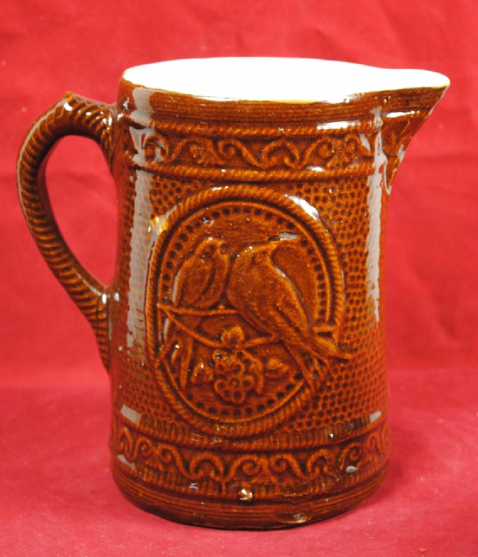 Brown Glaze Pitcher w/ Birds: 8"H x 6"R with handle