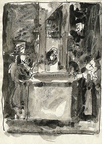 Manfred Böttcher (1933 - 2001): Manfred Böttcher (1933 - 2001): Nach Goya 1994 Verso signiert, datiert und betitelt. Lavierte Tuschezeichnung auf Papier, measures 20,9 x 29,6 cm.