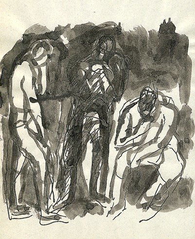 Manfred Böttcher (1933 - 2001): Manfred Böttcher (1933 - 2001): Drei Figuren 1989 Verso begonnenen Tuschfederzeichnung und typographischer Nachlaßstempel Manfred Böttcher. Lavierte Tuschfederzeichnung, measures 21 x 29,5 cm.