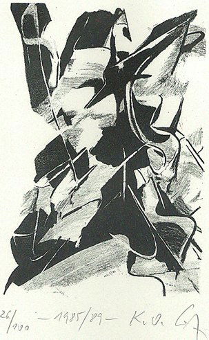 Karl Otto Götz (1914): Karl Otto Götz (1914): Komposition 1985/89 Signiert, datiert und nummeriert unten Mitte. Mit dem Prägestempel des Druckers Manfred Hügelow unten rechts. Blatt auf Unterlagenkarton. Lithographie in