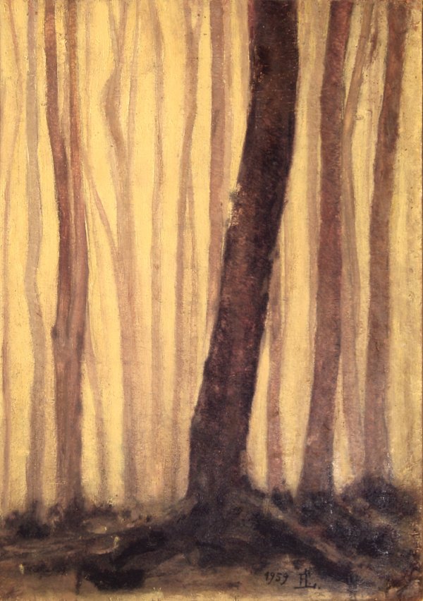 Franz Lenk (1898 - 1968): Franz Lenk (1898 - 1968): Bäume 1959 Monogrammiert und datiert unten rechts. Gerahmt. Öl auf Holzplatte, measures 27,8 x 39,2 cm.