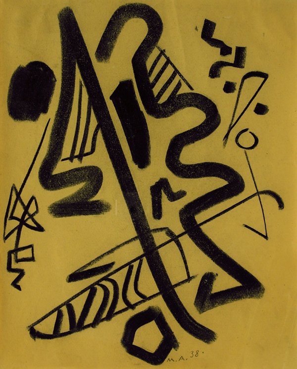 Max Ackermann (1887 - 1975): Max Ackermann (1887 - 1975): Themenkreis Namenlose Zeichen 1938 Monogrammiert und datiert unten Mitte. Blatt mit Atelierspuren. Das Blatt ist altersbedingt gebräunt. Unter Passepartout freigestellt.