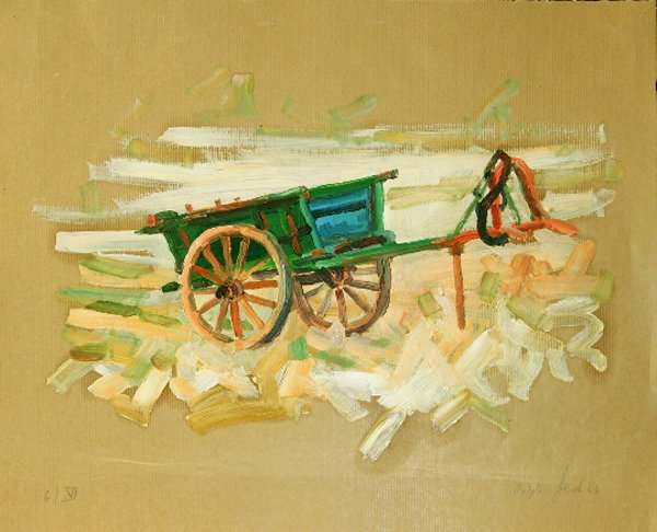 Ralph Fleck (1951): Ralph Fleck (1951): Karren in Landschaft 6/VI 1986 Signiert und datiert unten rechts, nummeriert unten links. In allen vier Ecken Reißnagellöchlein. Eiöltempera auf braunem Packpapier, measures 50