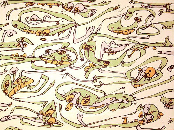 Antonio Saura (1930 - 1998): Antonio Saura (1930 - 1998): Composition sur Fond rosé Signiert unten rechts. Nummeriert unten links. Eines von 125 Exmplaren. Blatt aus der Folge ''Les sept Péchés capiteaux''. Verso von fremder H