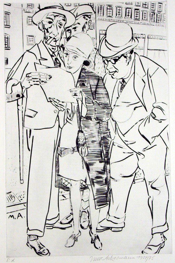 Max Ackermann (1887 - 1975): Max Ackermann (1887 - 1975): Neuigkeiten 1924/75 Signiert und datiert unten rechts, als ''E.A.'' bezeichnet unten links. In der Platte monogrammiert unten links. Druck von 1975. Radierung auf Bütten,