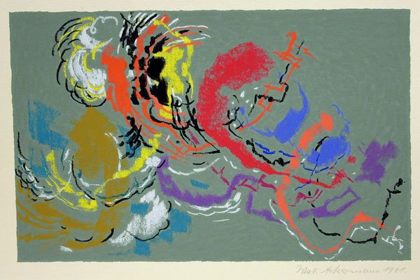 Max Ackermann (1887 - 1975): Max Ackermann (1887 - 1975): Vivace 1959 Bayer/Enßlin S 5904. Signiert und datiert unten rechts. Auflage 100 Exemplare. Der Blattrand ist altersbedingt gebräunt. Selten. Farbserigraphie auf Bütten,