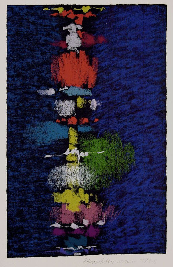 Max Ackermann (1887 - 1975): Max Ackermann (1887 - 1975): Farbturm II 1961 Bayer/Enßlin S 6103. Signiert und datiert unten rechts. Auflage 100 Exemplare. Der Blattrand ist alterbedingt gebräunt. Selten. Farbserigraphie auf Büt