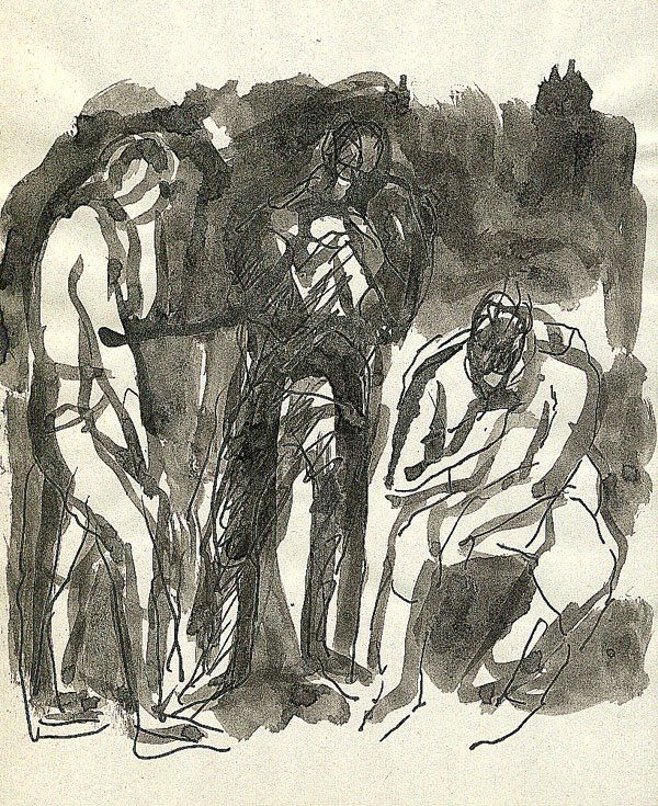 Manfred Böttcher (1933 - 2001): Manfred Böttcher (1933 - 2001): Zwei stehende und eine sitzende Figur um 1989 Verso begonnenen Tuschfederzeichnung (Brustbild einer Figur). Typographischer Nachlaßstempel Manfred Böttcher. Lavierte