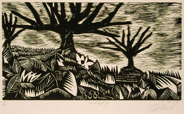 El Loko (1950): El Loko (1950): Landschaft 25 Signiert, datiert, betitelt und nummeriert unten. Eines von 10 Exemplaren. Charakteristische Arbeit des Beuys-Schülers aus Togo. Holzschnitt auf Hahnemühle Bütten, mea