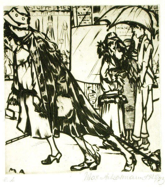 Max Ackermann (1887 - 1975): Max Ackermann (1887 - 1975): Urbane Straßenszene 1925 Später Druck von 1973. Signiert und datiert unten rechts. Als ''EA'' bezeichnet unten links. Radierung in Schwarzbraun auf Bütten, measures 24