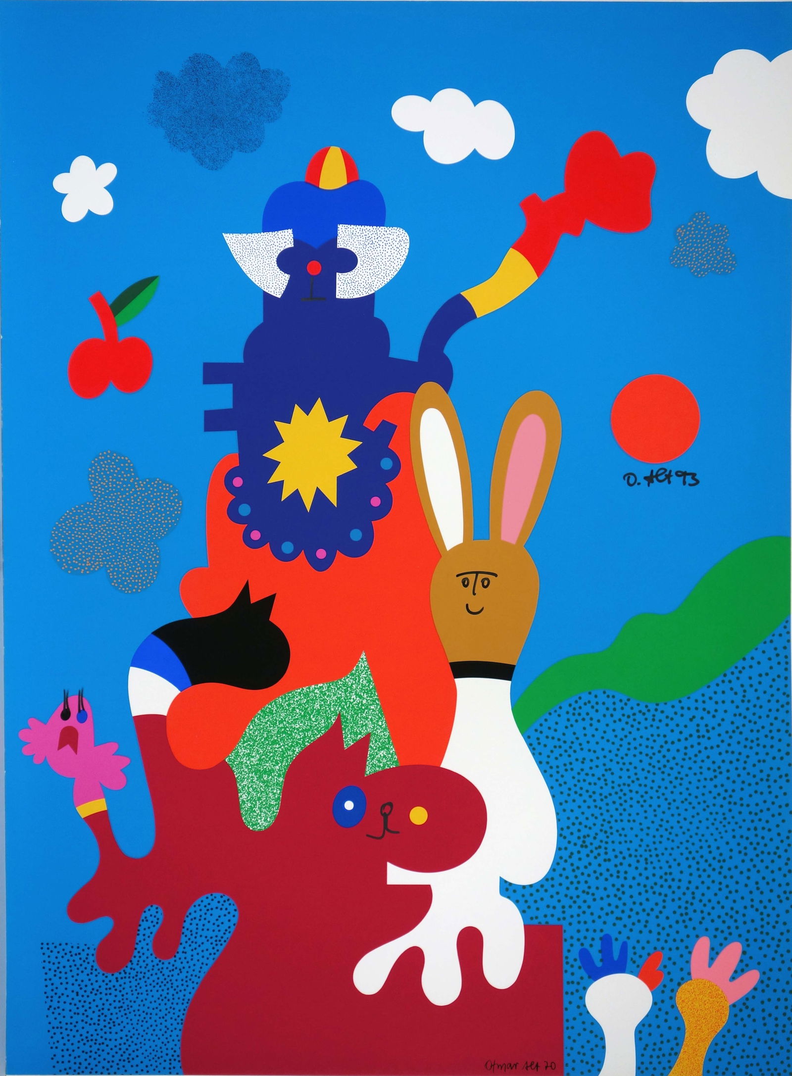 Otmar Alt (*1940): Wettlauf zwischen Hase und Igel (1970/93): Otmar Alt (*1940): Wettlauf zwischen Hase und Igel (1970/93). Farbserigraphie mit schwarzem Filzstift überarbeitet auf Papier. 87,0 × 64,0 cm. – Colour serigraphy with feltpen on paper