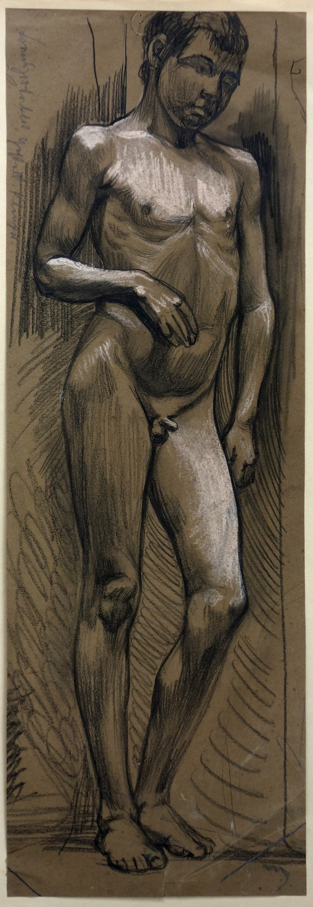 Max Ackermann (1887–1975): Ohne Titel (stehender männlicher Akt) (1910): Max Ackermann (1887–1975): Ohne Titel (stehender männlicher Akt) (1910). Graphitstift und helle Kreide auf dunkelbraunem Papier. 47,0 × 16,0 cm. – Graphite pencil and light chalk