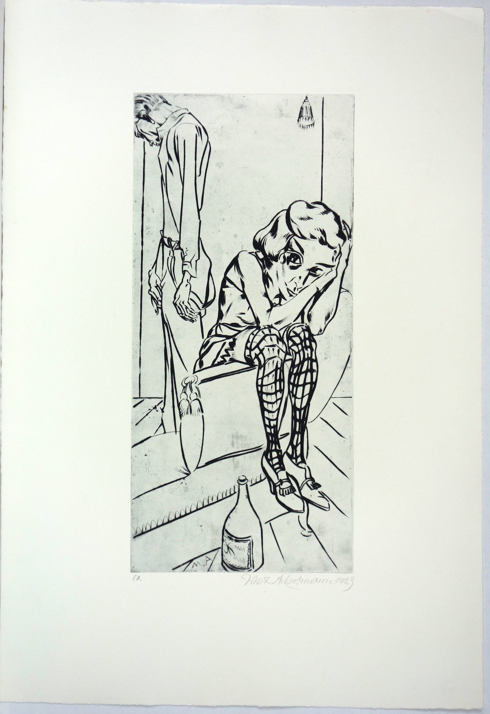 Max Ackermann (1887–1975): Liebespaar (1929): Max Ackermann (1887–1975): Liebespaar (1929). Radierung auf Kupferdruck-Bütten. 53,7 × 24,8 cm. – Etching on hand made Paper. The motif is from 1929, later print from 1973. Acker