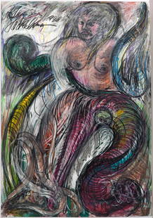 Antonius Höckelmann (1937–2000): Ohne Titel (1990): Antonius Höckelmann (1937–2000): Ohne Titel (1990). Tuschpinsel, Farbkreiden und Gouache auf Zeichenkarton. 100,0 × 70,0 cm. – Indian Ink, wax crayons and gouache on low-grammage