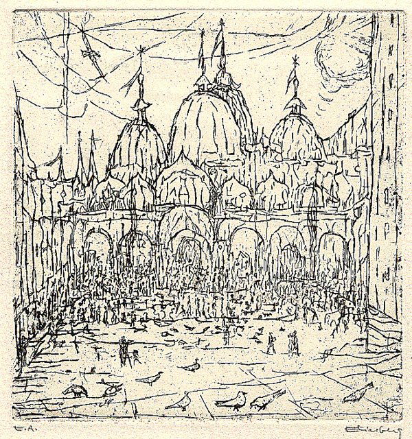 Paul Eliasberg (1907 - 1983): Paul Eliasberg (1907 - 1983): San Marco 1972 Jensen 99. Signiert unten rechts, als E.A. bezeichnet unten links. Blatt 1 der Folge zu Robert Browning A Toccata of Galupp's. Lose auf Unterlagenkarton. R