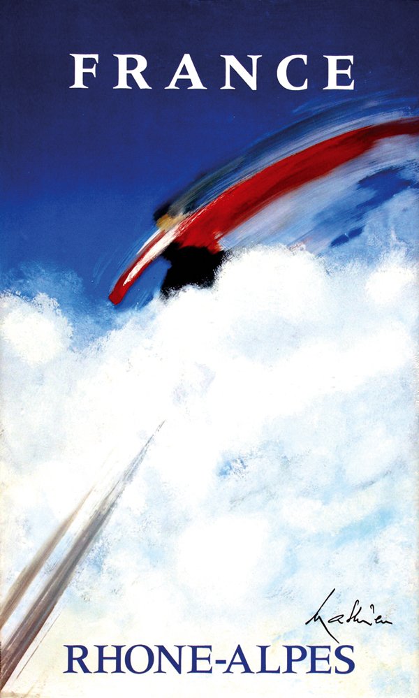 Posters(2) by Georges Mathieu - France Rhone-Alpes: Georges Mathieu (1921-)France Rhone-Alpes60x100, ca. 1980, pr. A Creteil, added: same artist, same size, same text, image sailing boats, ca. 1980