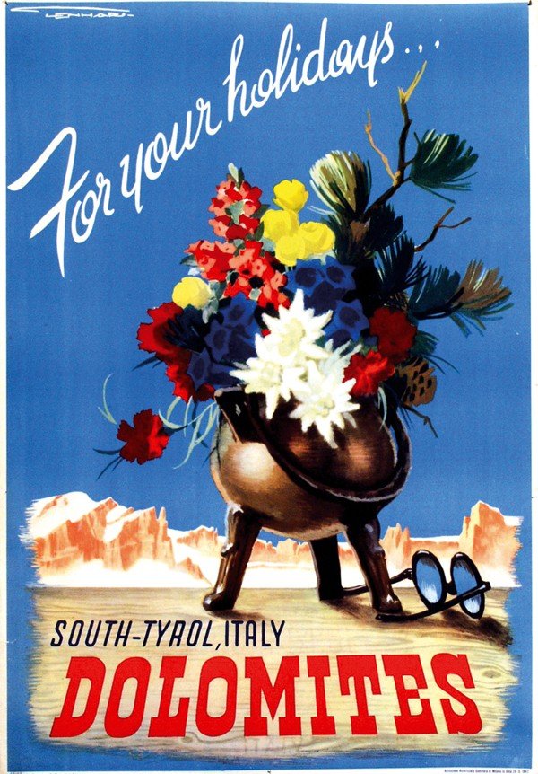 Poster by Franz Lenhart - Dolomites For your holid: Franz Lenhart (1898-1992)Dolomites For your holidays...69,5x99,5, 1947, pr. Barabino-Genova
