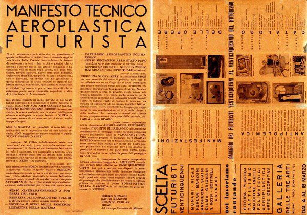 Poster by Bruno Munari - Manifesto Tecnico Aeropla: Bruno Munari (1907-1998)Manifesto Tecnico Aeroplastica Futurista50x70, ca. 1935, pr. S.A.M.E.- Milano, on reverse side Scelta Futuristi