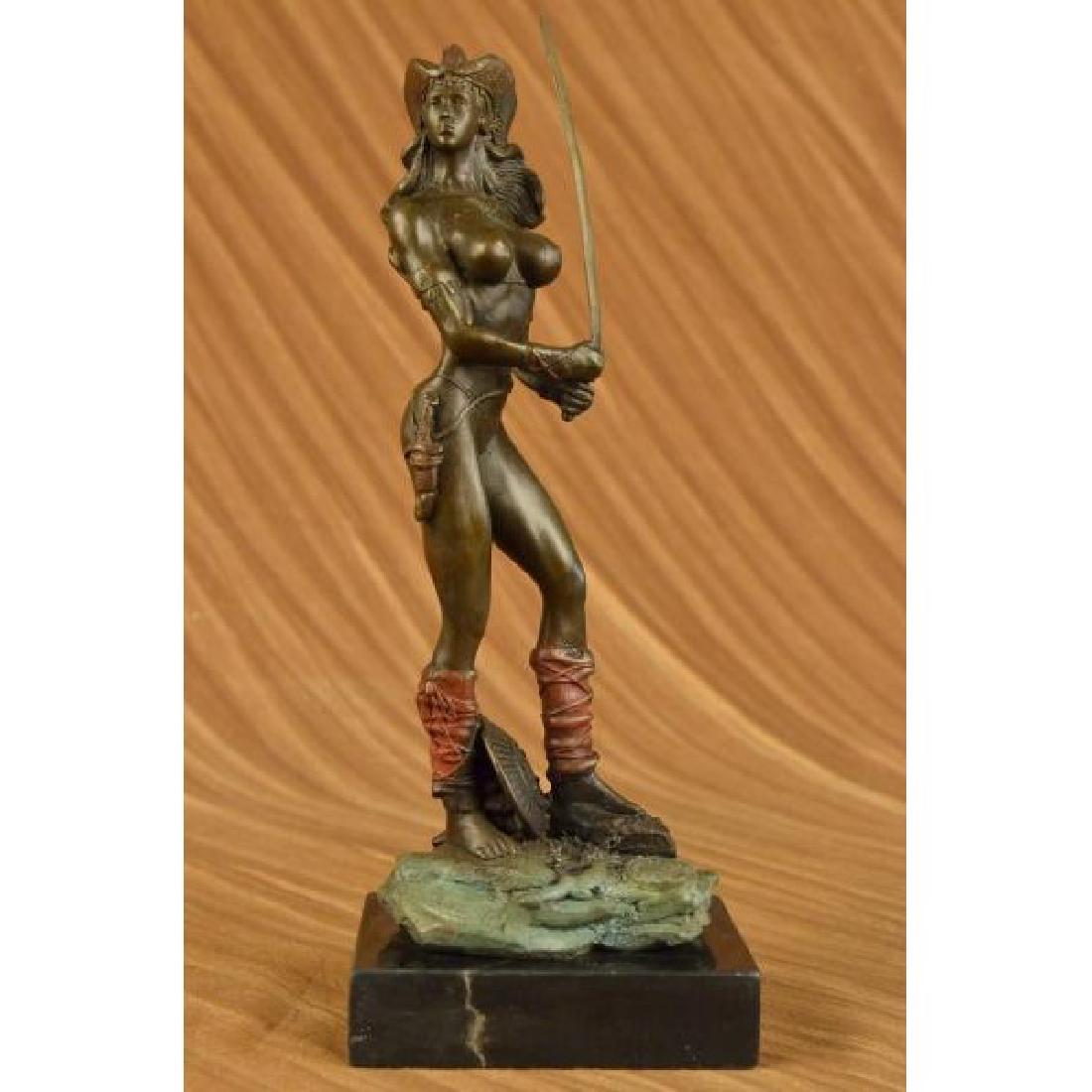 Female Amazon Girl with Hat Bronze Sculpture on Marble (1 of 5)
